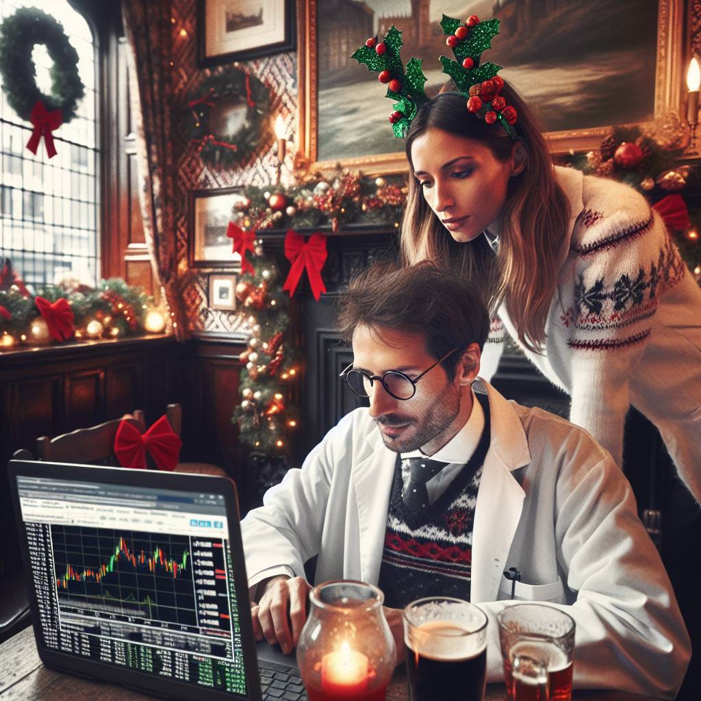 3) Christmas AI Generated Card - Female scientist with white skin and brown long hair, Male forex trader with white skin and short brown hair, and London (a6aa3)