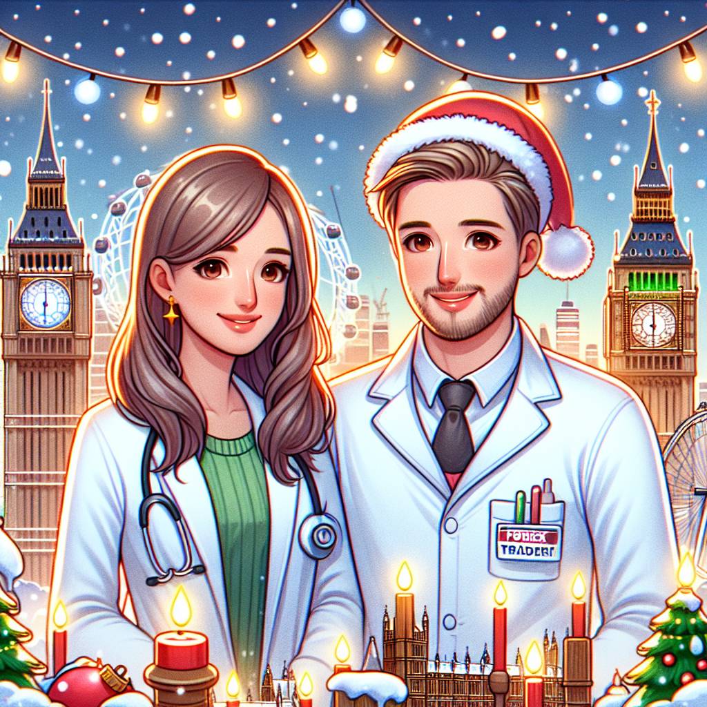 1) Christmas AI Generated Card - Female scientist with white skin and brown long hair, Male forex trader with white skin and short brown hair, and London (91295)