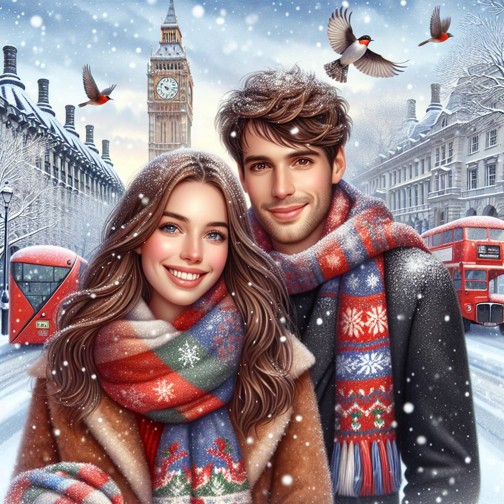 1) Christmas AI Generated Card - Snowy London, White girlfriend with white skin and long brown hair, White boyfriend with white skin and short brown hair, and Birds (18879)
