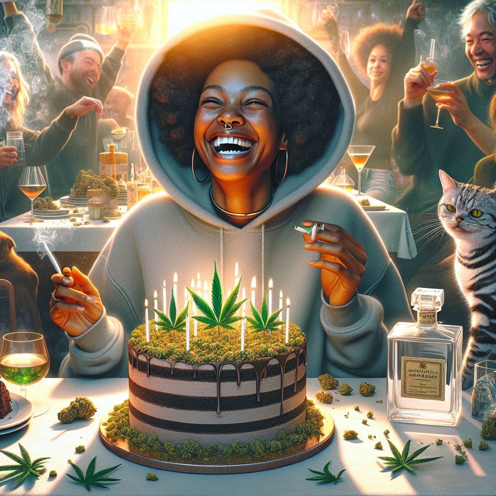1) Birthday AI Generated Card - Black lady with medium brown skin tone shoulder length curly hair wearing a hoodie, Laughing and smiling, Tabby cat striped kitten, Birthday cake celebration , Smoking marijuana weed, High, Chocolate, Pistachio, Bottles of gin, and Sunshine (734d8)