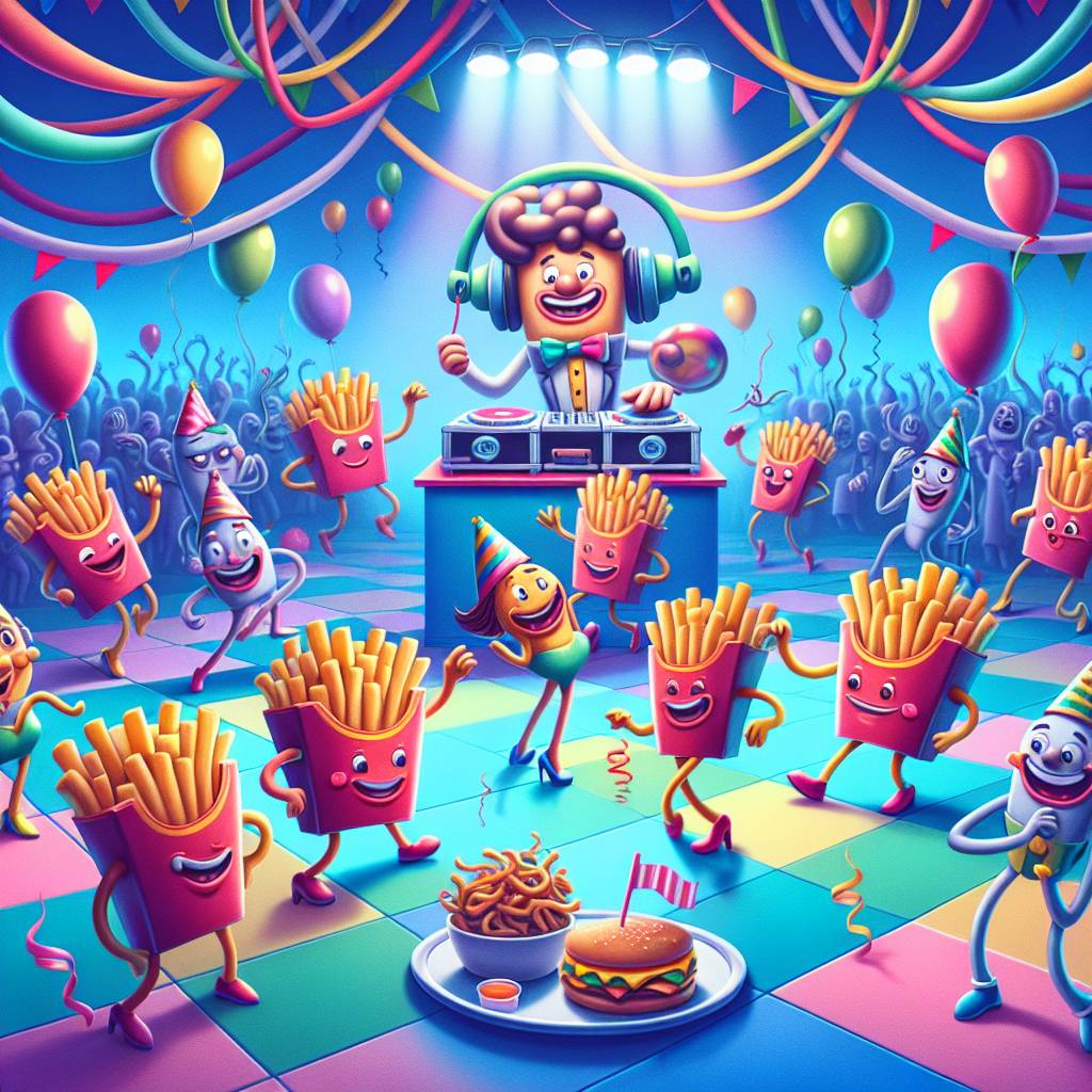 1) Birthday AI Generated Card - Dance music, and Fries (5f21d)