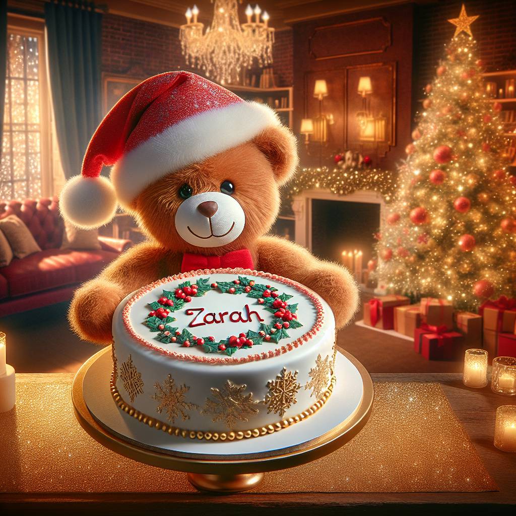 4) Christmas AI Generated Card - The text "Zarah", Teddy Bears, and Cake (a601e)