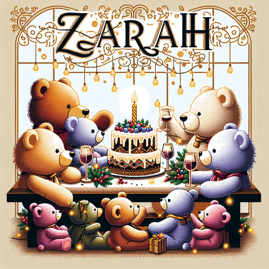3) Christmas AI Generated Card - The text "Zarah", Teddy Bears, and Cake (10eb7)