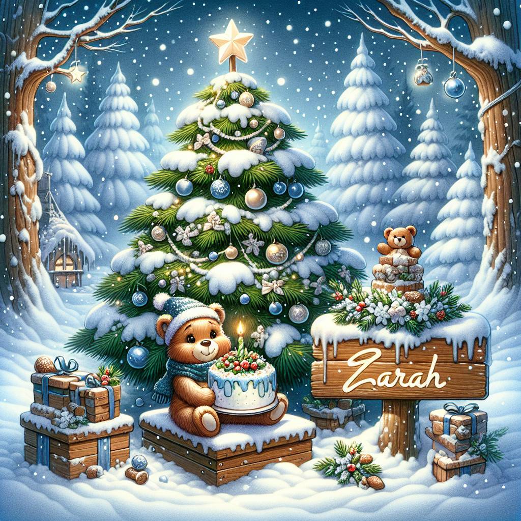 2) Christmas AI Generated Card - The text "Zarah", Teddy Bears, and Cake (4285e)