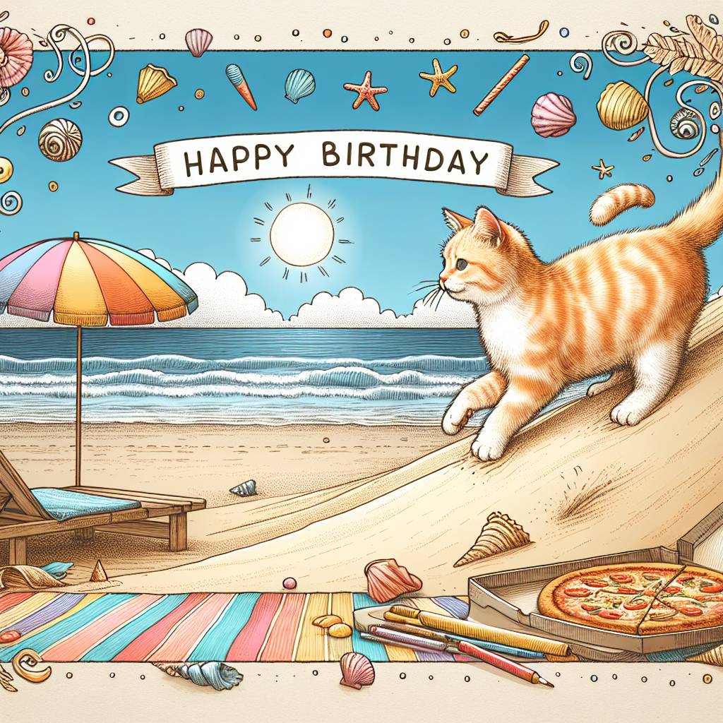 1) Birthday AI Generated Card - Ginger cat, Climbing, Beach, Pizza, and Drawing (05111)