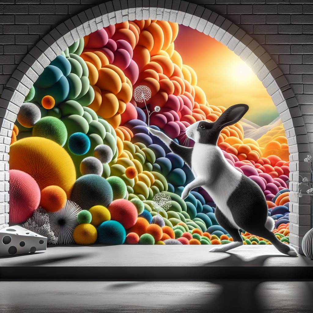 2) Thank-you AI Generated Card - Black and white rabbit, Colourful Pom poms, Arch window, and Cheese (0251d)