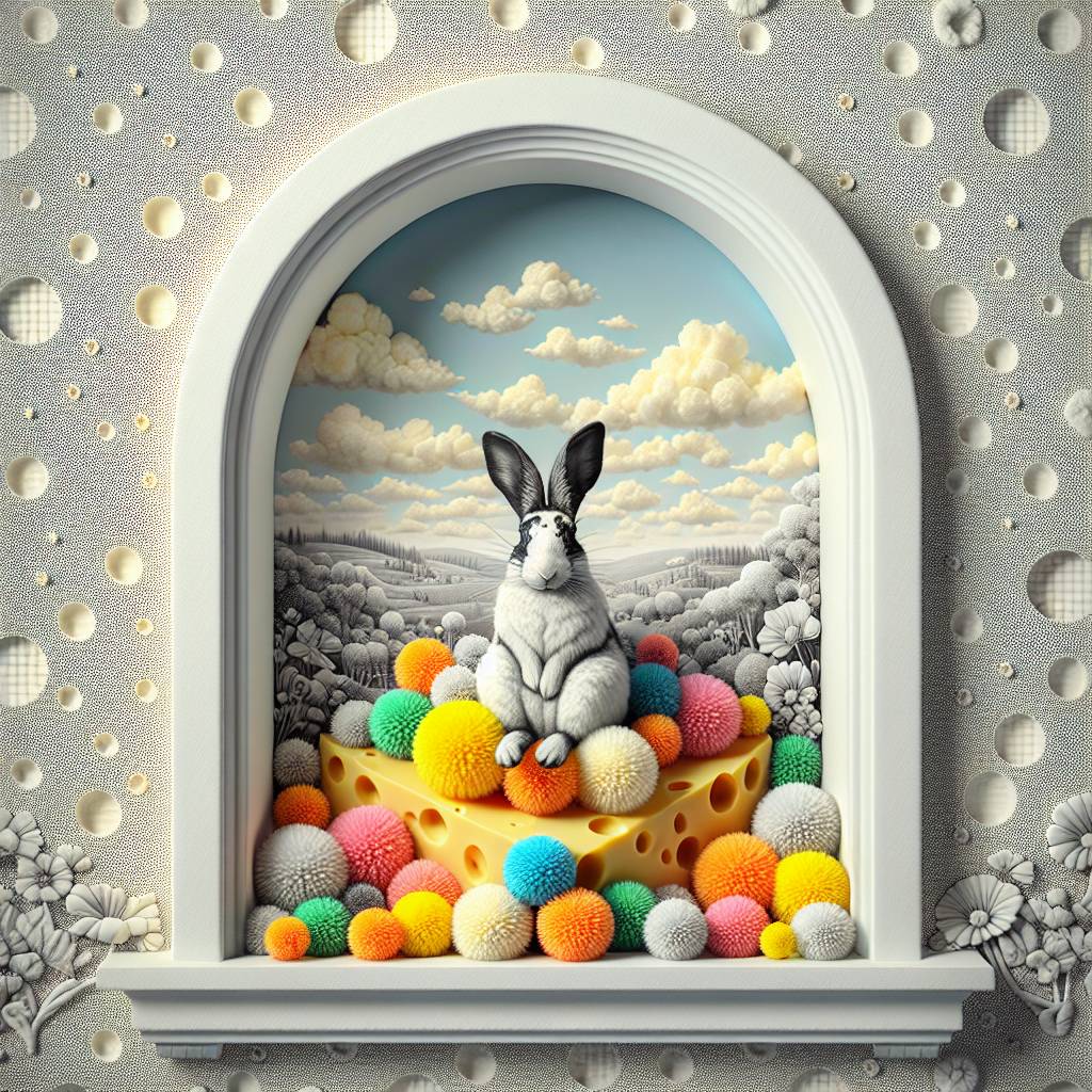 1) Thank-you AI Generated Card - Black and white rabbit, Colourful Pom poms, Arch window, and Cheese (750bb)
