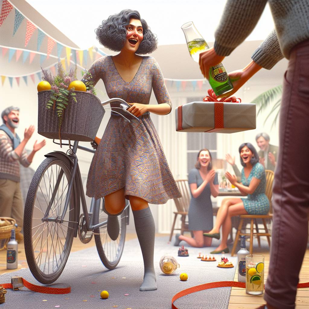 1) Birthday AI Generated Card - Indian Woman on a bike, Orla Kiely's pattern dress with long socks, and Gin and tonic