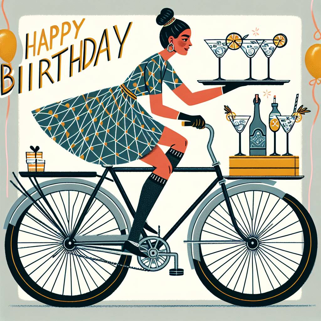 2) Birthday AI Generated Card - Indian Woman on a bike, Orla Kiely's pattern dress with long socks, and Gin and tonic