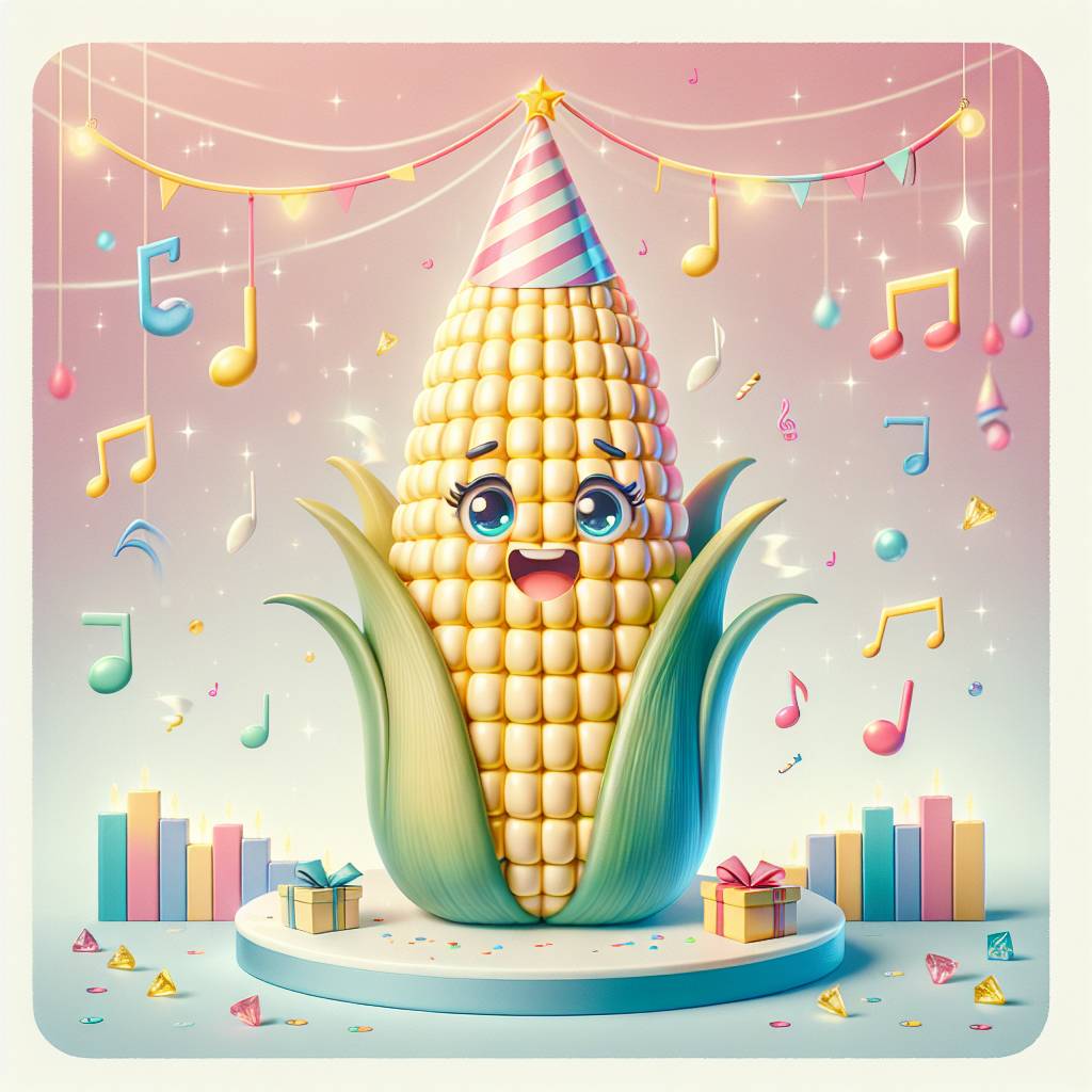 1) Birthday AI Generated Card - Corn on the cob, music, crystals (9afaf)