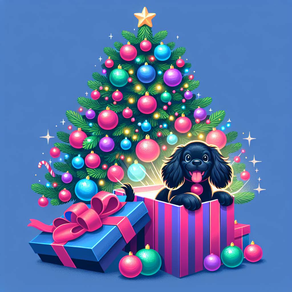3) Christmas AI Generated Card - Black Spaniel, Christmas Tree, and Gifts (64a00)})