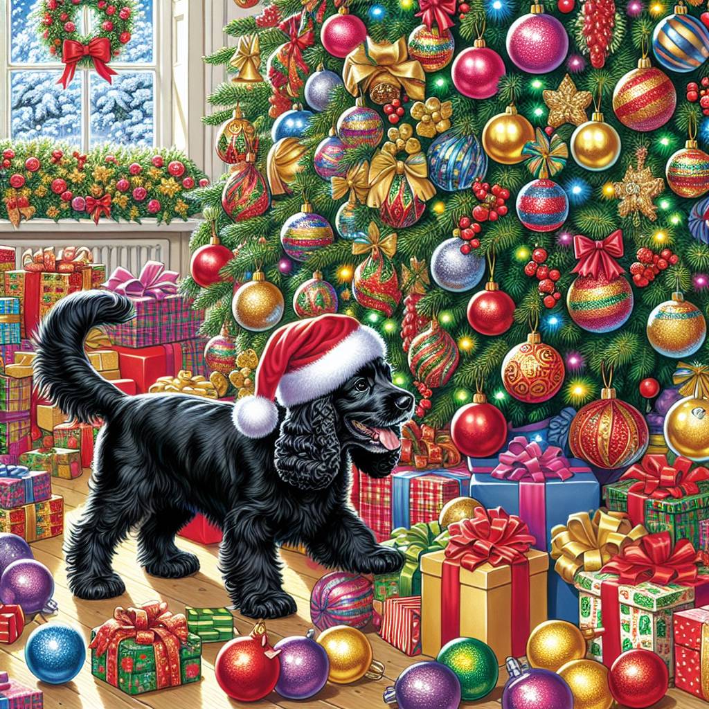 2) Christmas AI Generated Card - Black Spaniel, Christmas Tree, and Gifts (f1eef)})