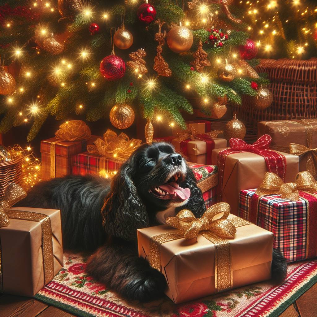 1) Christmas AI Generated Card - Black Spaniel, Christmas Tree, and Gifts (4f71d)})