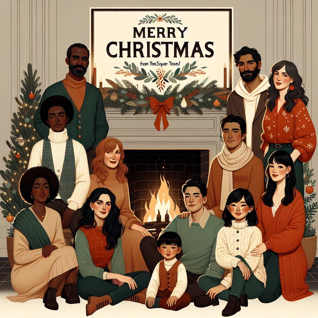 1) Christmas AI Generated Card - Contemporary charm meets festive cheer in this Christmas scene. A modern fireplace casts a gentle glow on a team of four people: one man in his 40s with black hair and a short beard, one white woman with wavy brown hair to her shoulders, one brown latin woman with dark hair to her shoulders and one young chinese man with black hair. All face the camera, sitting cozily in front of the fireplace, each with a different festive expression, capturing the whimsical spirit. Strung across the chic mantel is a garland that reads 'Merry Christmas from the +Spicer Team!', adding a personalized touch to the warm, inviting atmosphere. (c9259)