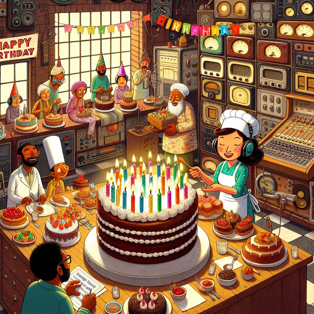 1) Birthday AI Generated Card - Radio studio, and Cooking (45d64)