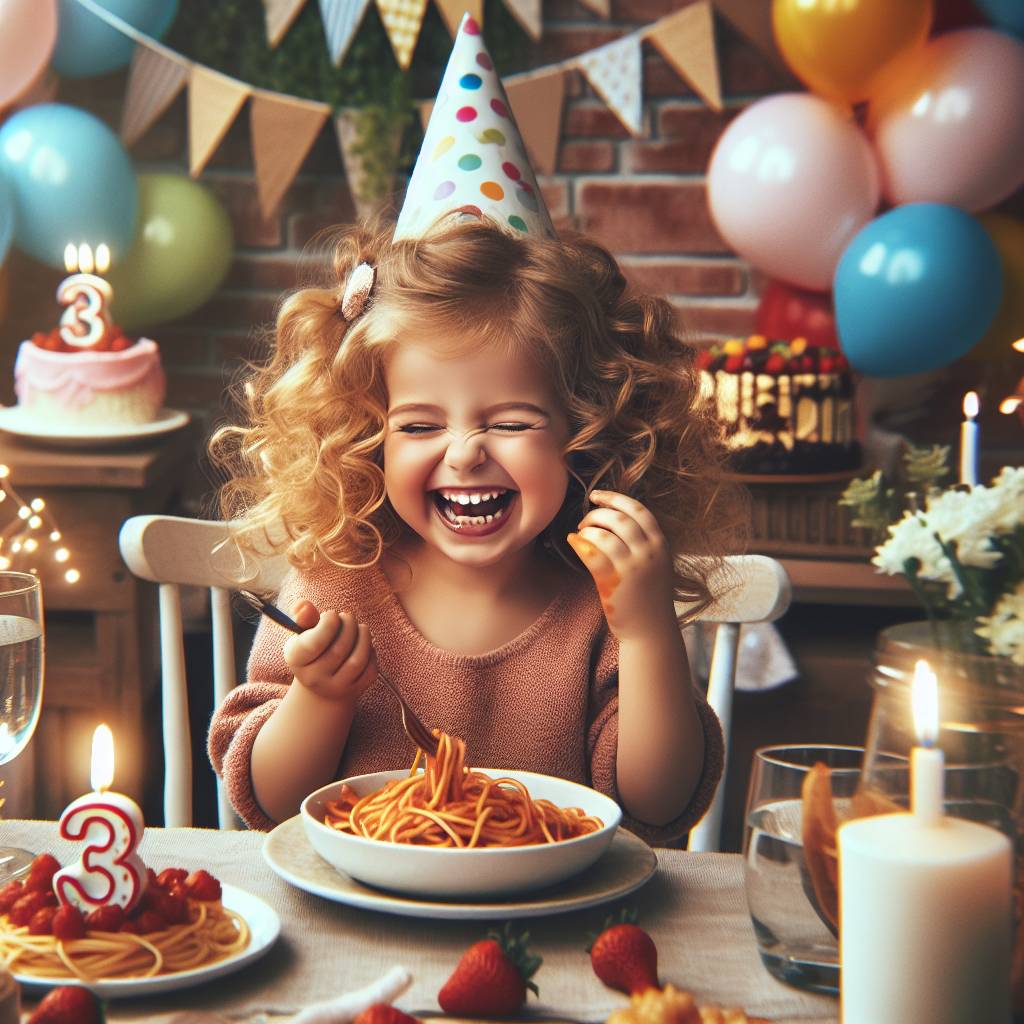 2) Birthday AI Generated Card - 3 year old white girl with curly hair who loves spaghetti  (7d346)