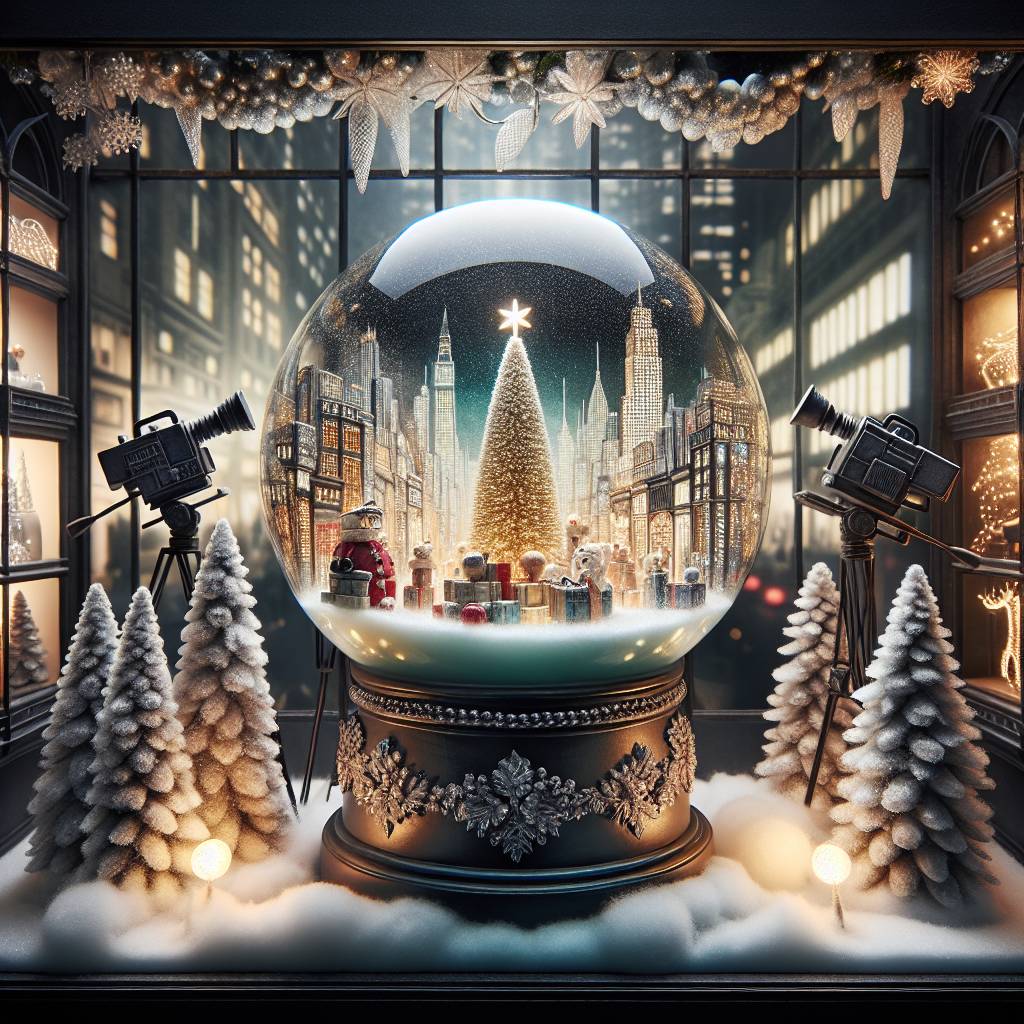1) Christmas AI Generated Card - Snowglobe with a christmas tree in it, Shop window display with snow, Manchester, Media city, TV Cameras, Wreaths, and Decorations (c0dd1)