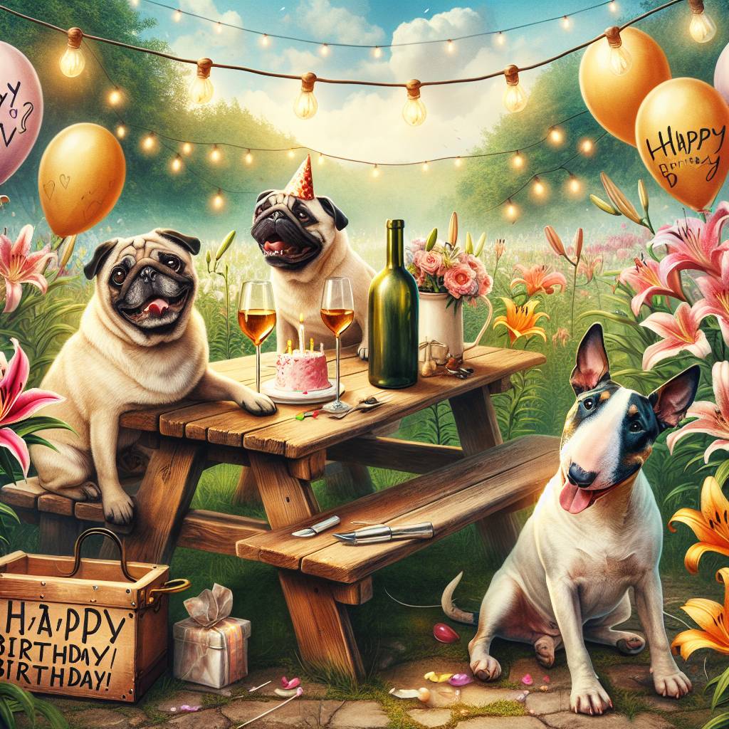 2) Birthday AI Generated Card - Pugs, English bull terrier , Summer , Lilly flowers , and Wine (44dac)