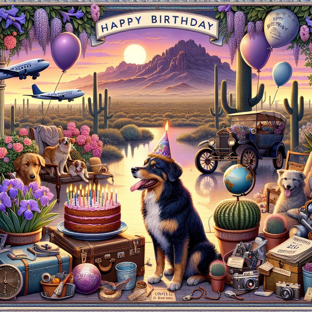 2) Birthday AI Generated Card - Iris, Dogs, Travelling, Meatloaf, Purple, Succulents, and Arizona (c67aa)