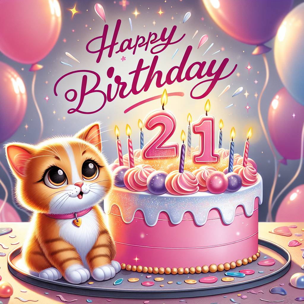 1) Birthday AI Generated Card - A cute orange short haired cat sat next to a pink birthday cake. The birthday cake has the number 21 on top of the cake. There are candles on top of the cake. Above the cat and cake reads Happy Birthday Lara. There are balloons in the background, and the colour theme is pink, purple, blue with glitter. Make sure you double check for spelling errors. Make sure you check for an errors  in the design. Make sure you check for any font errors. (d4cba)
