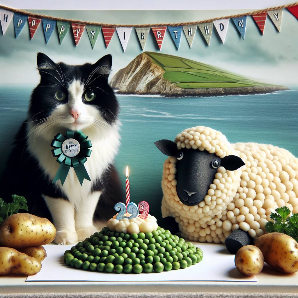 2) Birthday AI Generated Card - Black & white cat, sheep, potatoes and peas, northern England seaside (5fb21)
