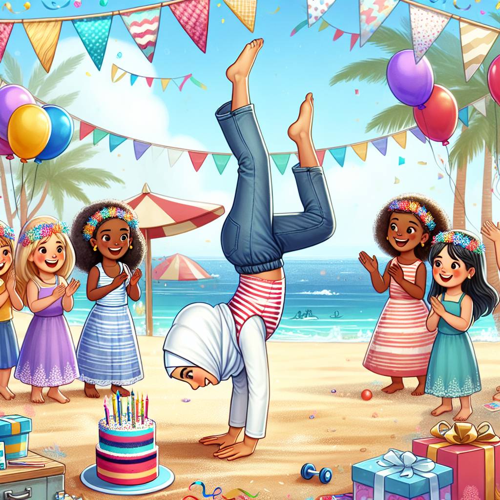 1) Birthday AI Generated Card - Girl, Gymnastic, Beach, Party, and Sisters (e384f)