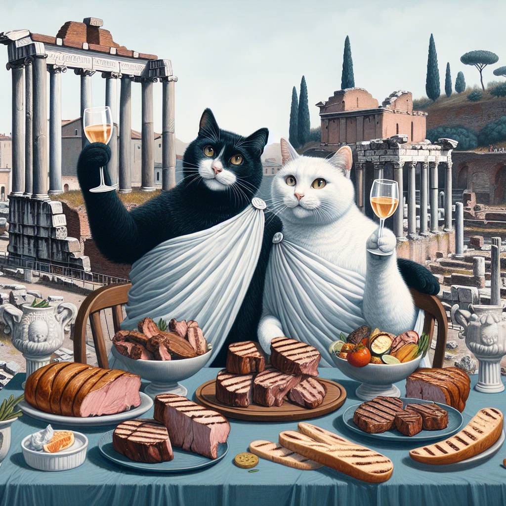 2) Anniversary AI Generated Card - White and Black cat, Romans, History, Meat, and BBQ (038f7)