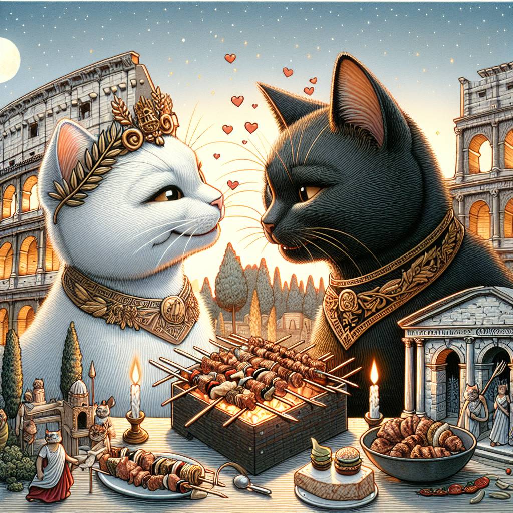 1) Anniversary AI Generated Card - White and Black cat, Romans, History, Meat, and BBQ (c5839)