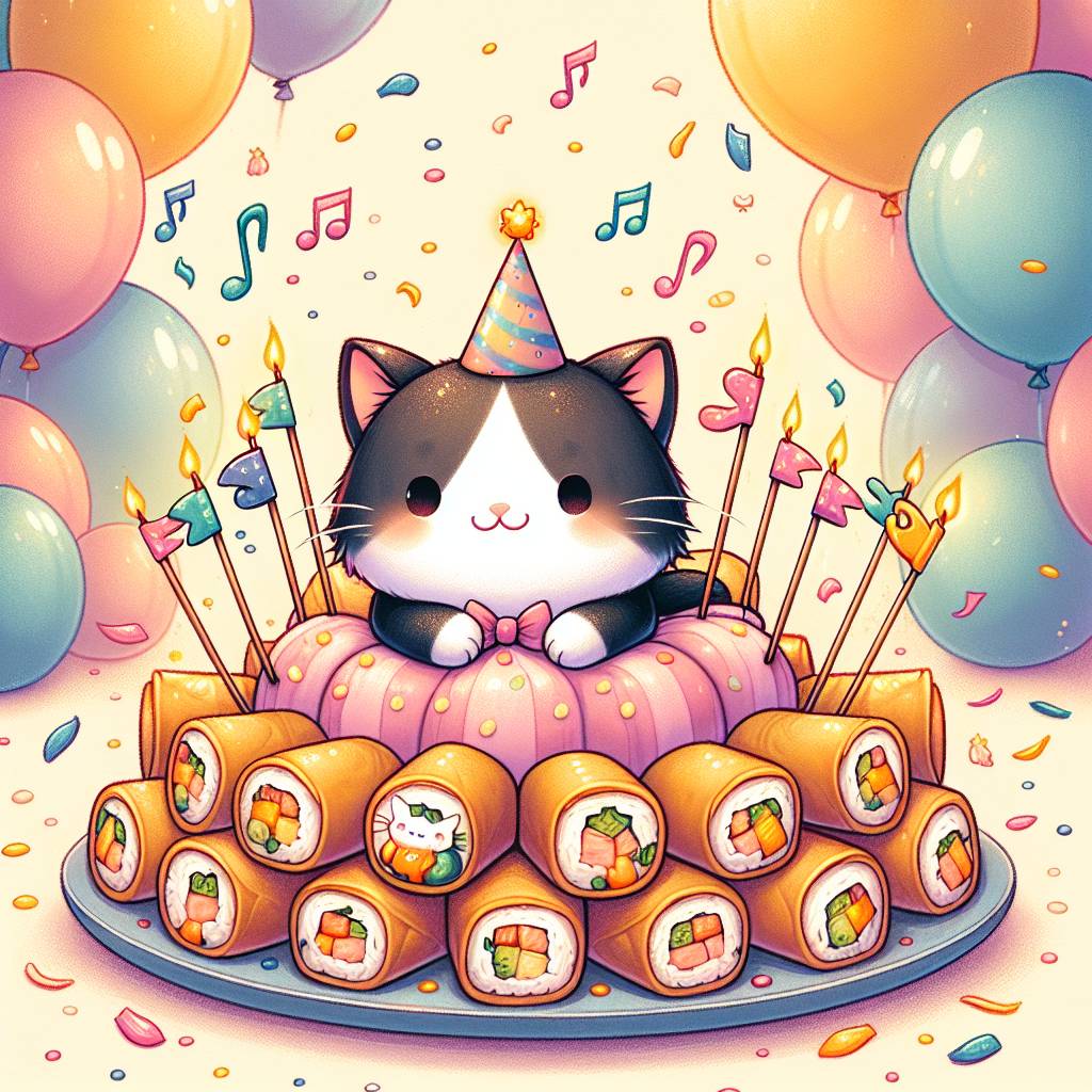 1) Birthday AI Generated Card - Spring rolls,  tuxedo cats, music (afa72)
