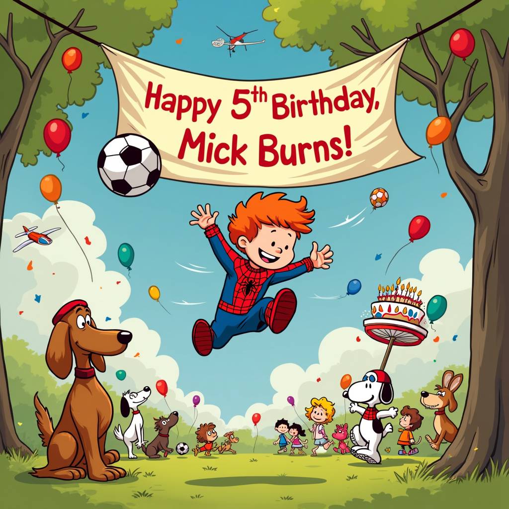 2) Birthday AI Generated Card - Spiderman, Dogs, Soccer, Red hair, and 5 years old (d231a)