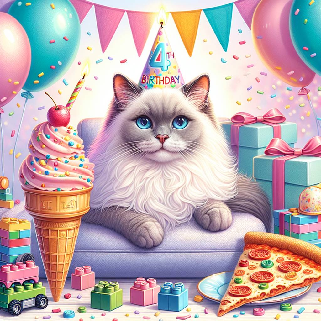 2) Birthday AI Generated Card - Birman cat grey, Icecream, Lego, Pizza, and 4th Birthday Grand Daughter (a1b7f)