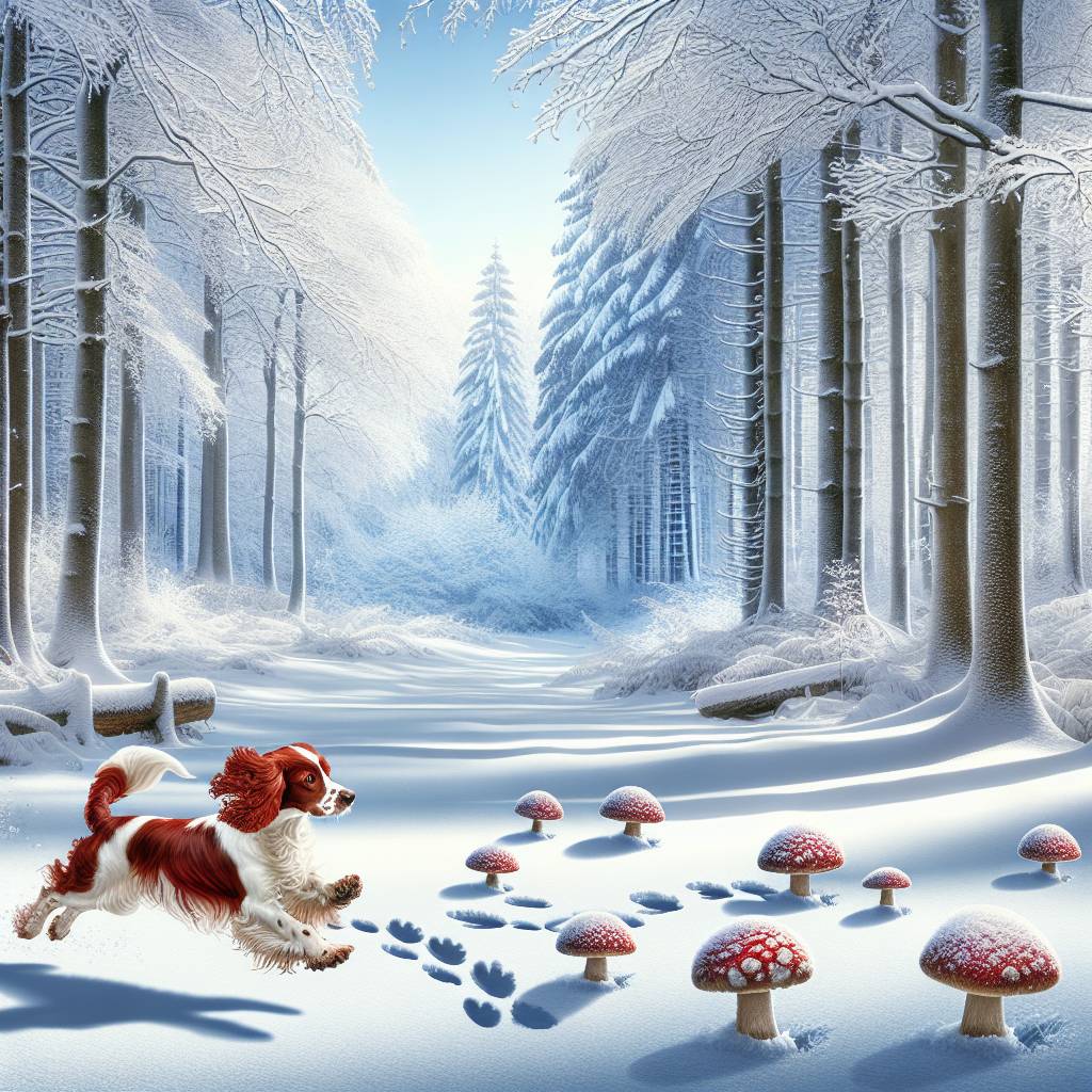 2) Christmas AI Generated Card - Welsh Springer Spaniel, Forest, and Mushrooms (c3d56)})