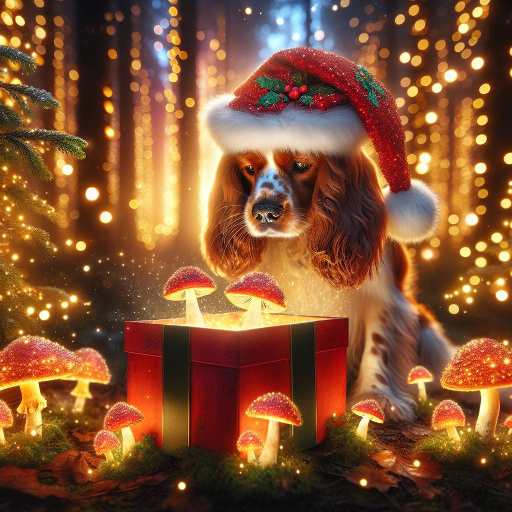 4) Christmas AI Generated Card - Welsh Springer Spaniel, Forest, and Mushrooms (e2132)})