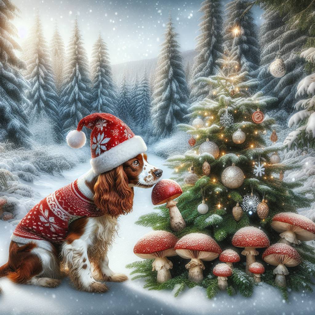 1) Christmas AI Generated Card - Welsh Springer Spaniel, Forest, and Mushrooms (cc50e)})
