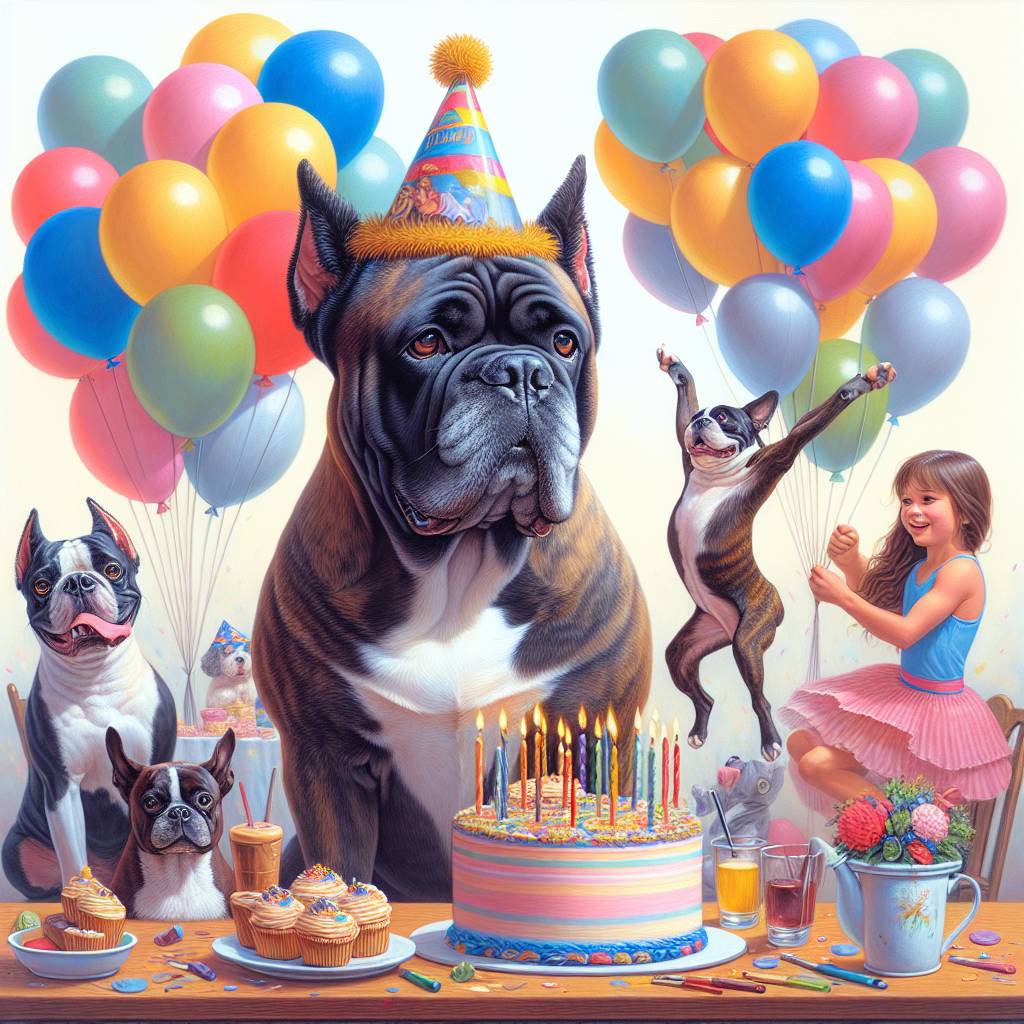 1) Birthday AI Generated Card - Cane corso, Boston terrier, Gymnastics, and Balloons  (ae980)