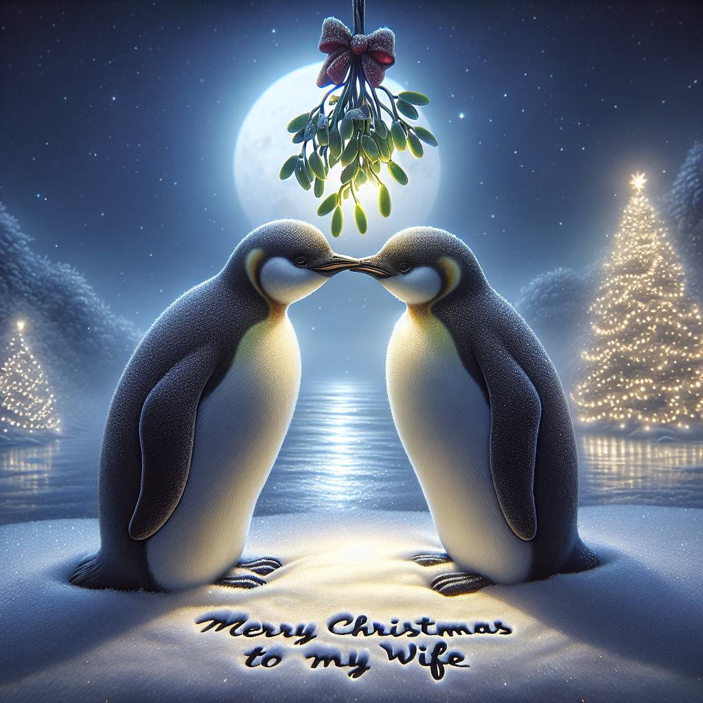 2) Christmas AI Generated Card - Two penguins kissing under mistletoe (cfce5)