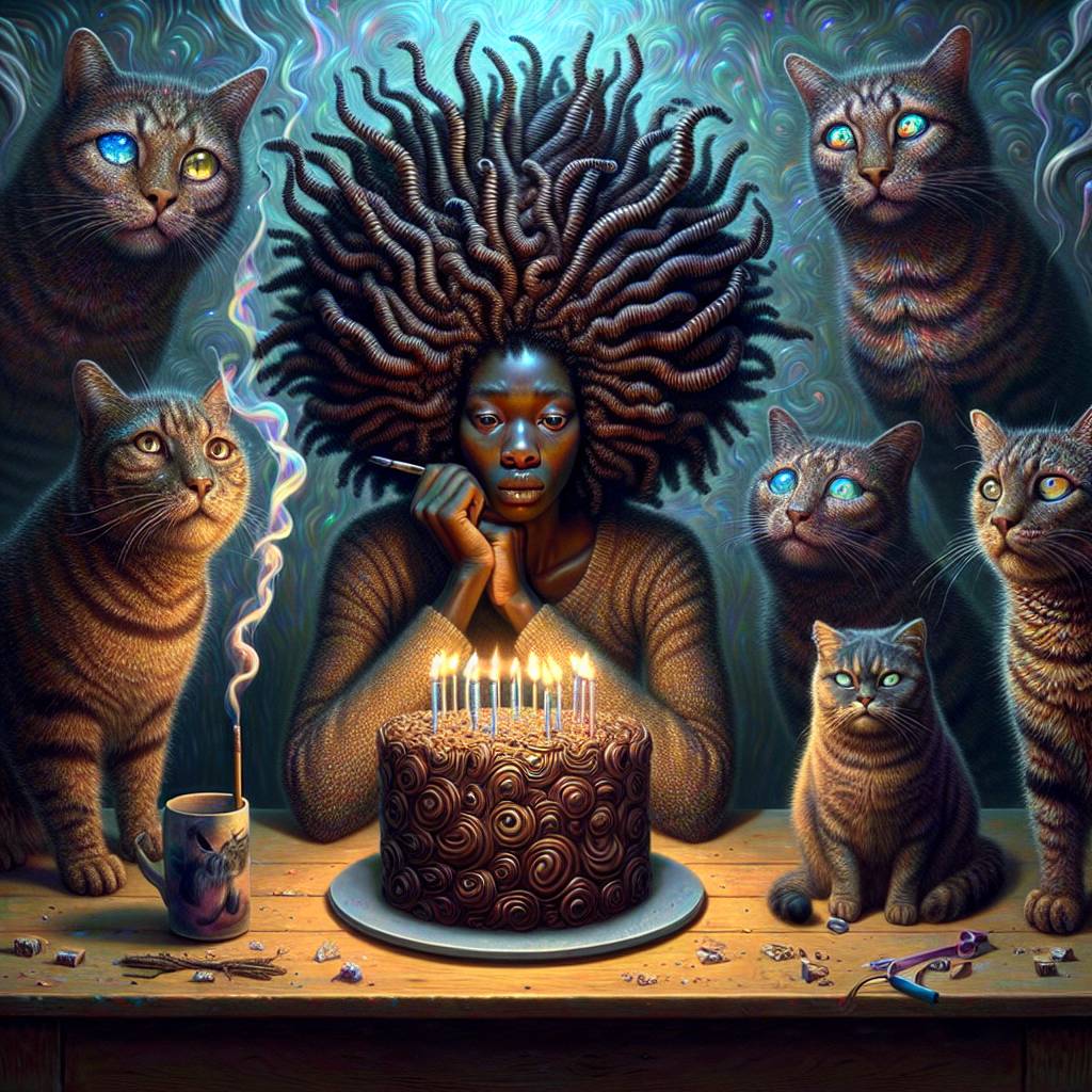 1) Birthday AI Generated Card - Black woman, Curly hair, Cats, Chocolate, and Smoking (640dc)