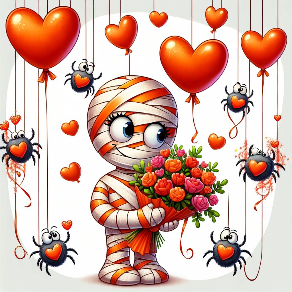 2) Valentines-day AI Generated Card - Mummy, Colour orange , and Spiders (6a481)