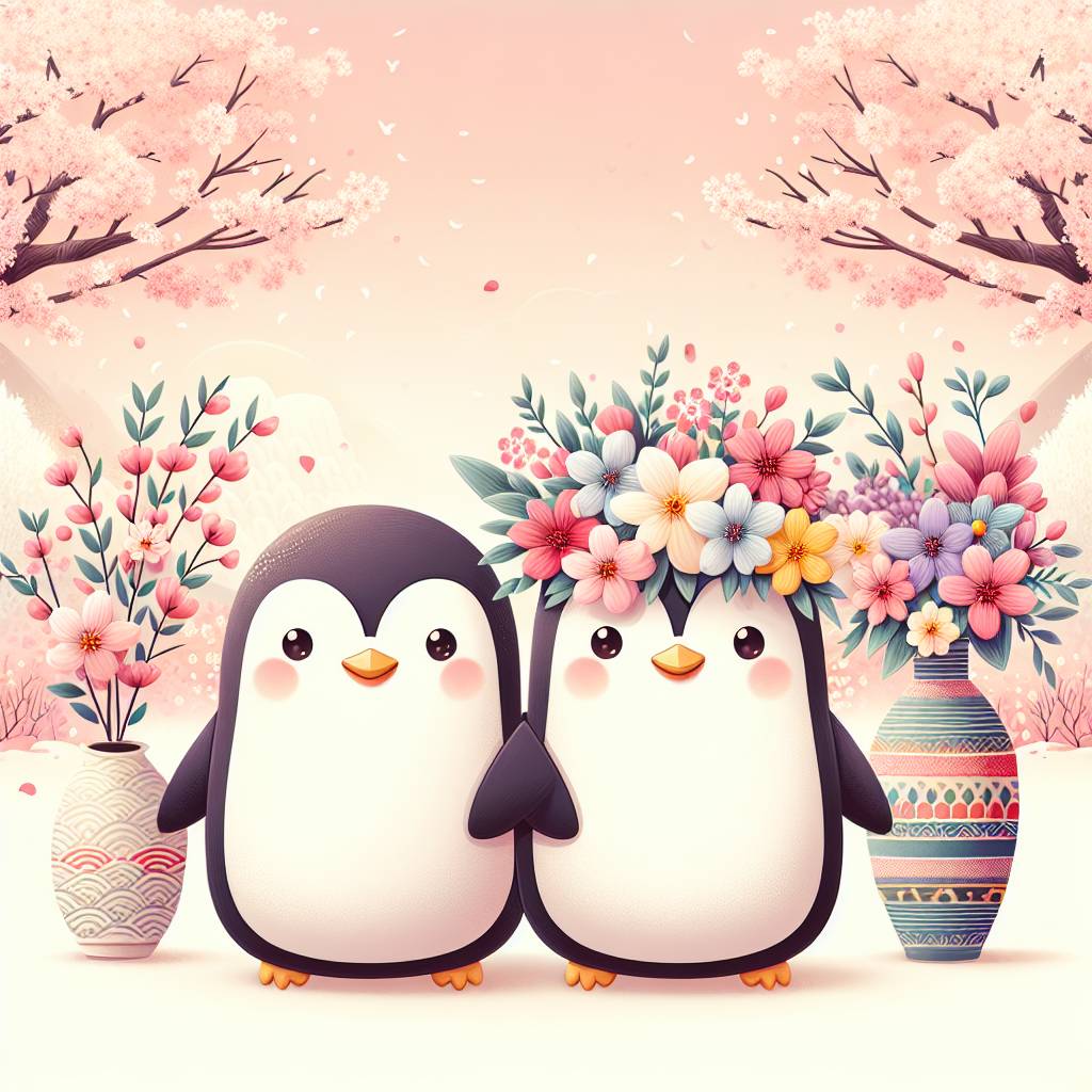 1) Anniversary AI Generated Card - Penguins, Art, Flowers, and Japan (28c84)