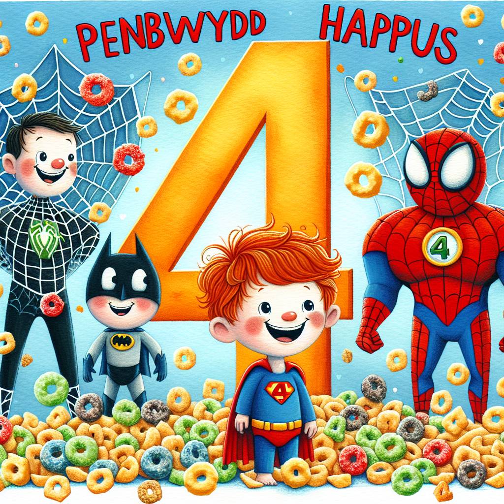 2) Birthday AI Generated Card - Penblwydd Hapus , Age 4, Marvel avengers , Spiderman, Cereal, and Boy ginger hair (b2b37)
