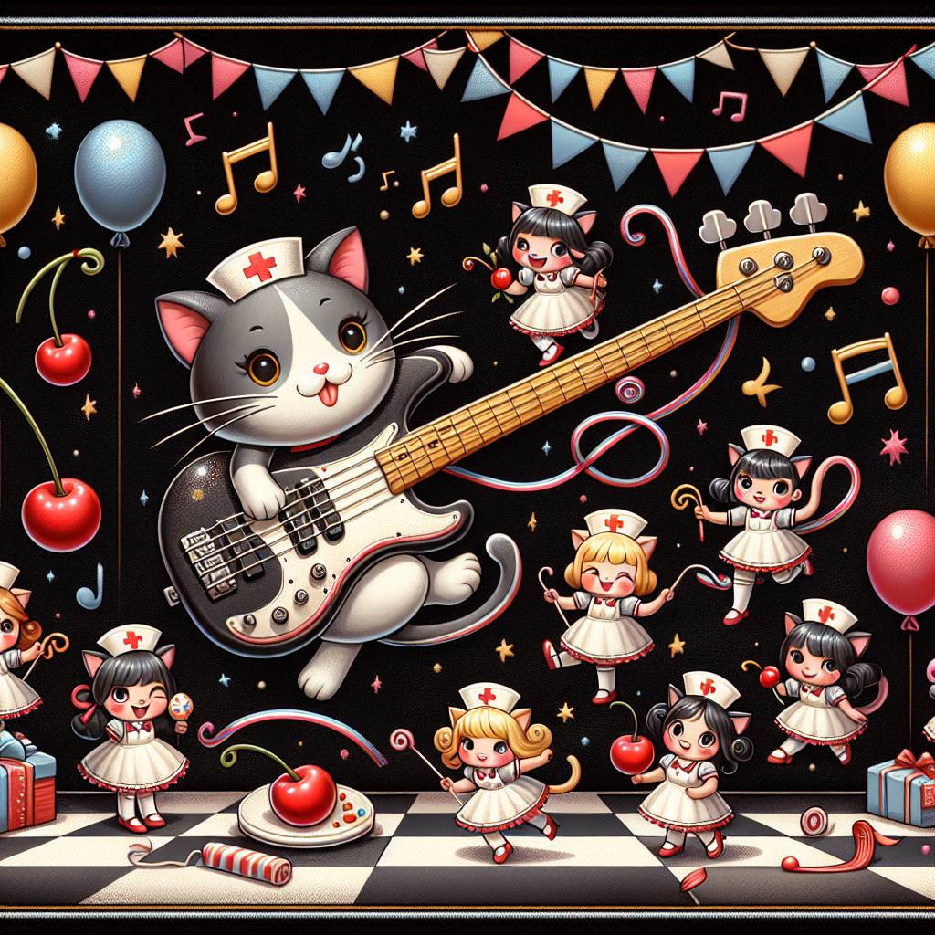 1) Birthday AI Generated Card - Bass guitar, Hello kitty, Black, Cherry, and Nurse (c7fe8)