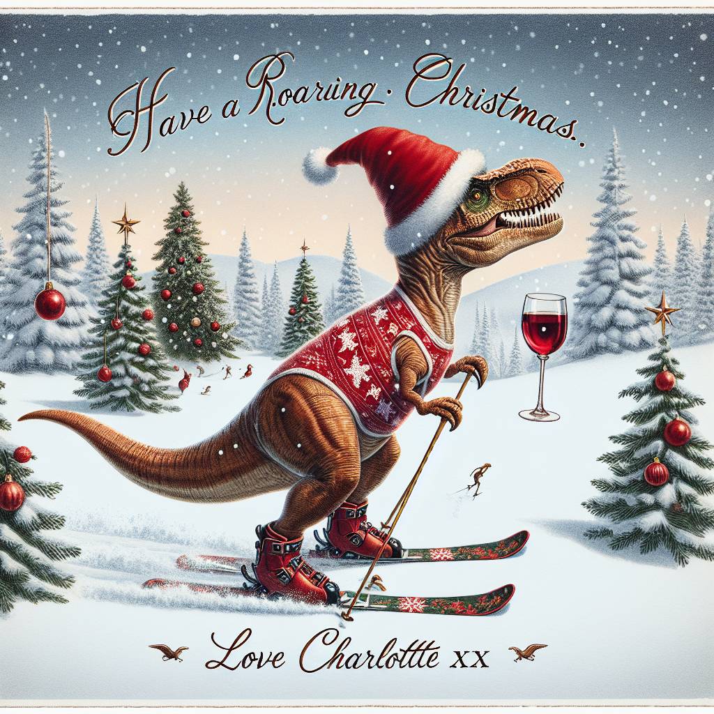 2) Christmas AI Generated Card - T-rex skiing with a Christmas hat on and with a glass of red wine in hand (abd95)