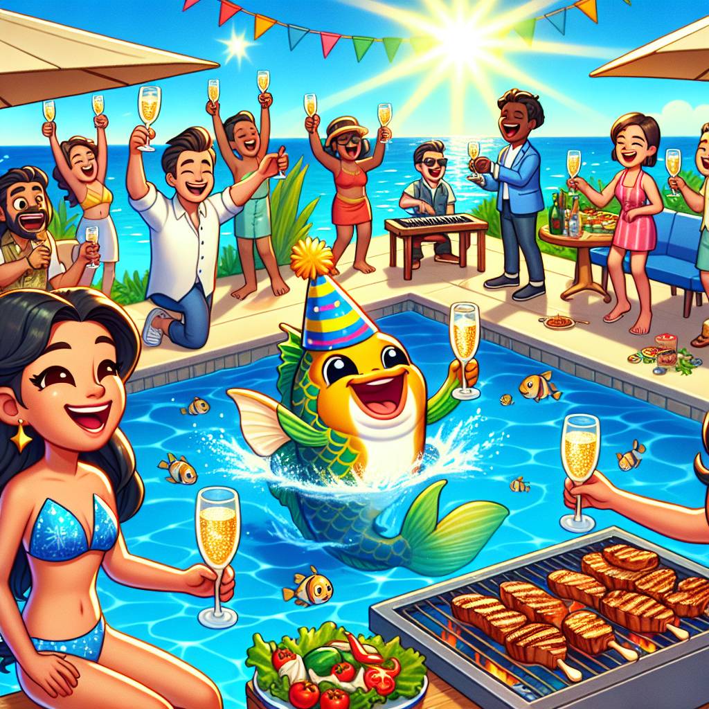 1) Birthday AI Generated Card - Catfish, Pool, Prosecco, Steak, and Music (d73d1)
