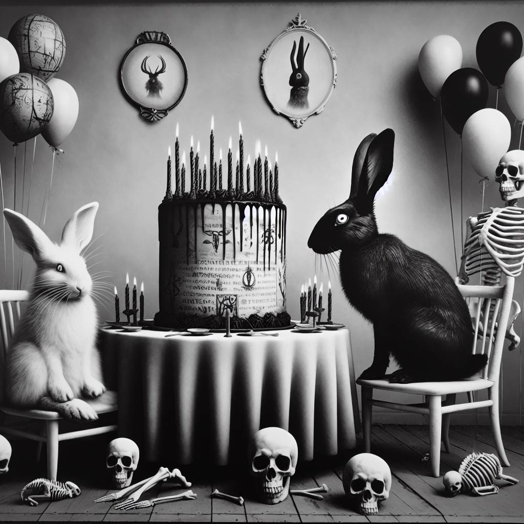 1) Birthday AI Generated Card - White rabbit black nose, Black rabbit white nose, Gothic, and Medical diagnosis  (f1866)