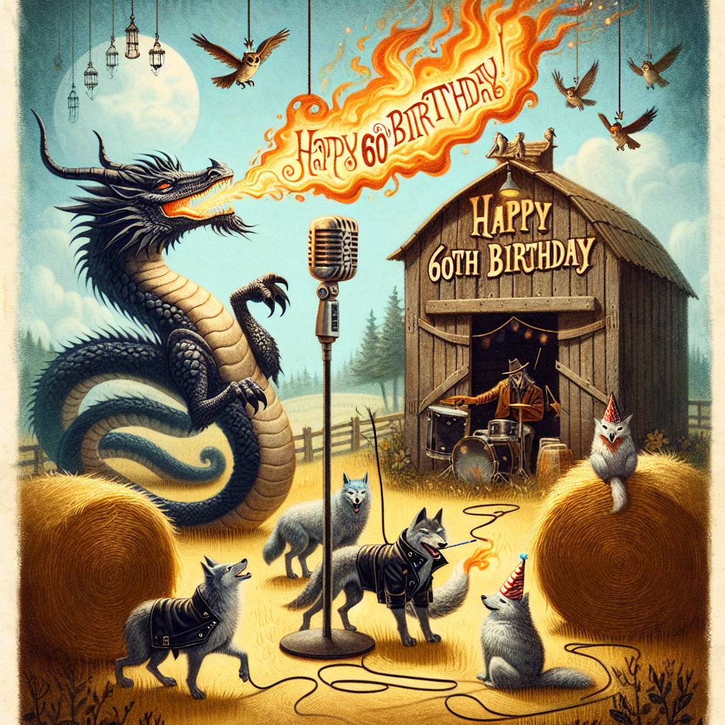 2) Birthday AI Generated Card - Fantasy art wit dragons and wolves, Happy 60th Birthday , Rockabilly , and Barn owls (75c03)