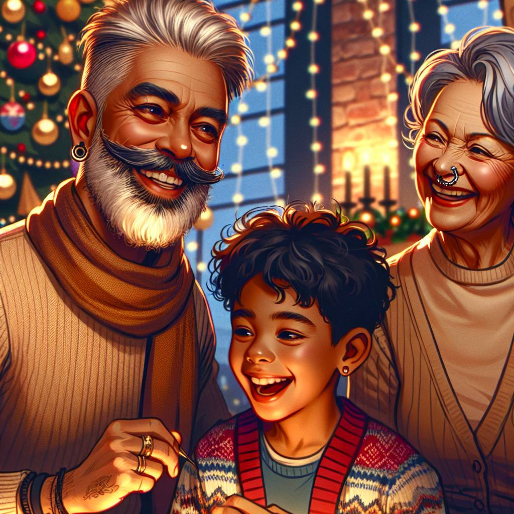 1) Christmas AI Generated Card - Indian man age 60 facial hair earing , 12 year old mixed race boy , and Indian grandma wavy short hair nose ring  (fe7dc)