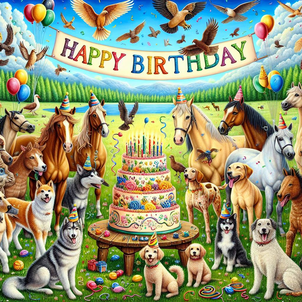 1) Birthday AI Generated Card - Horses dogs  (939ea)