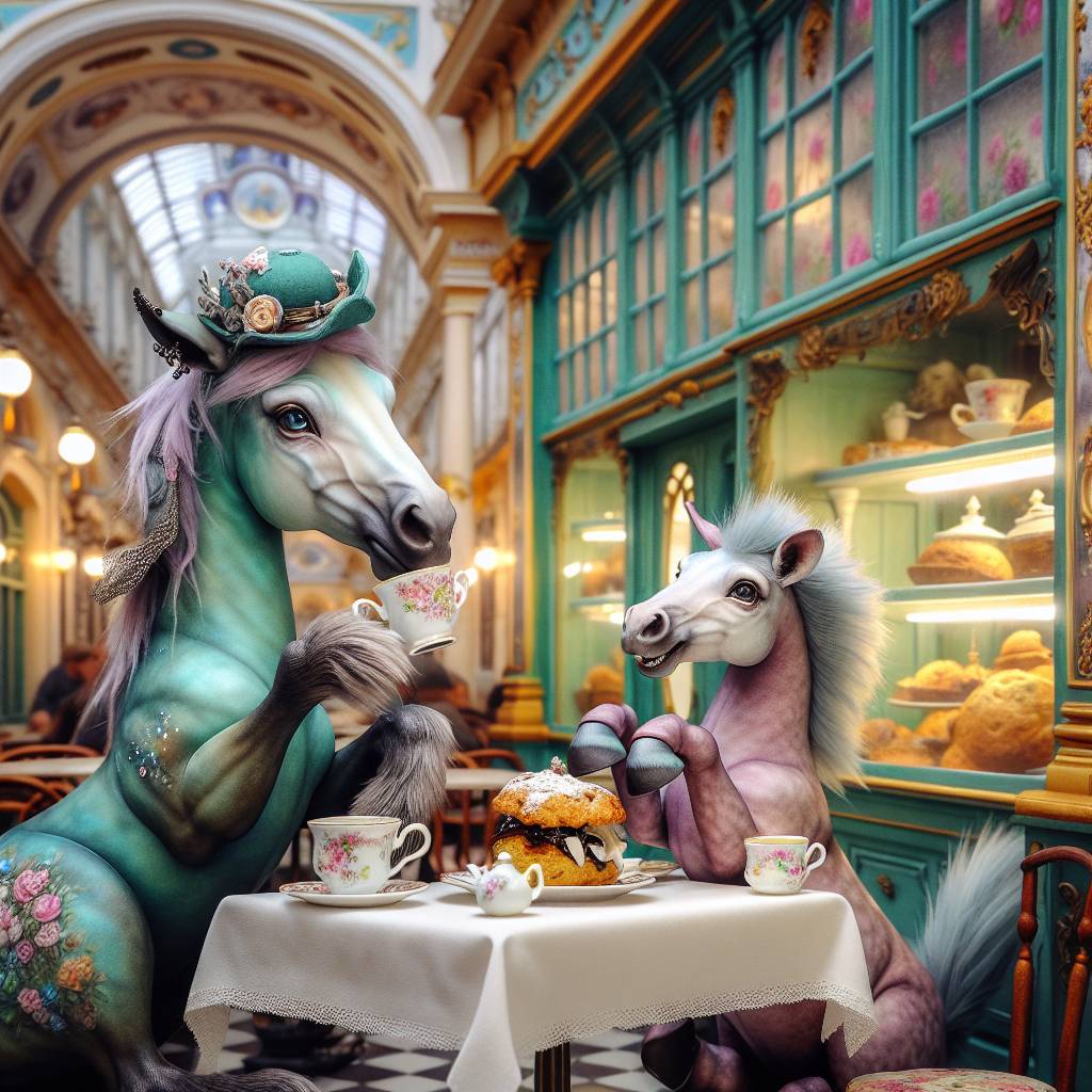 2) Birthday AI Generated Card - Two my little ponies sitting in an old viennese cafè, one holing a cup of english tea and the other eating a scone (dfa82)