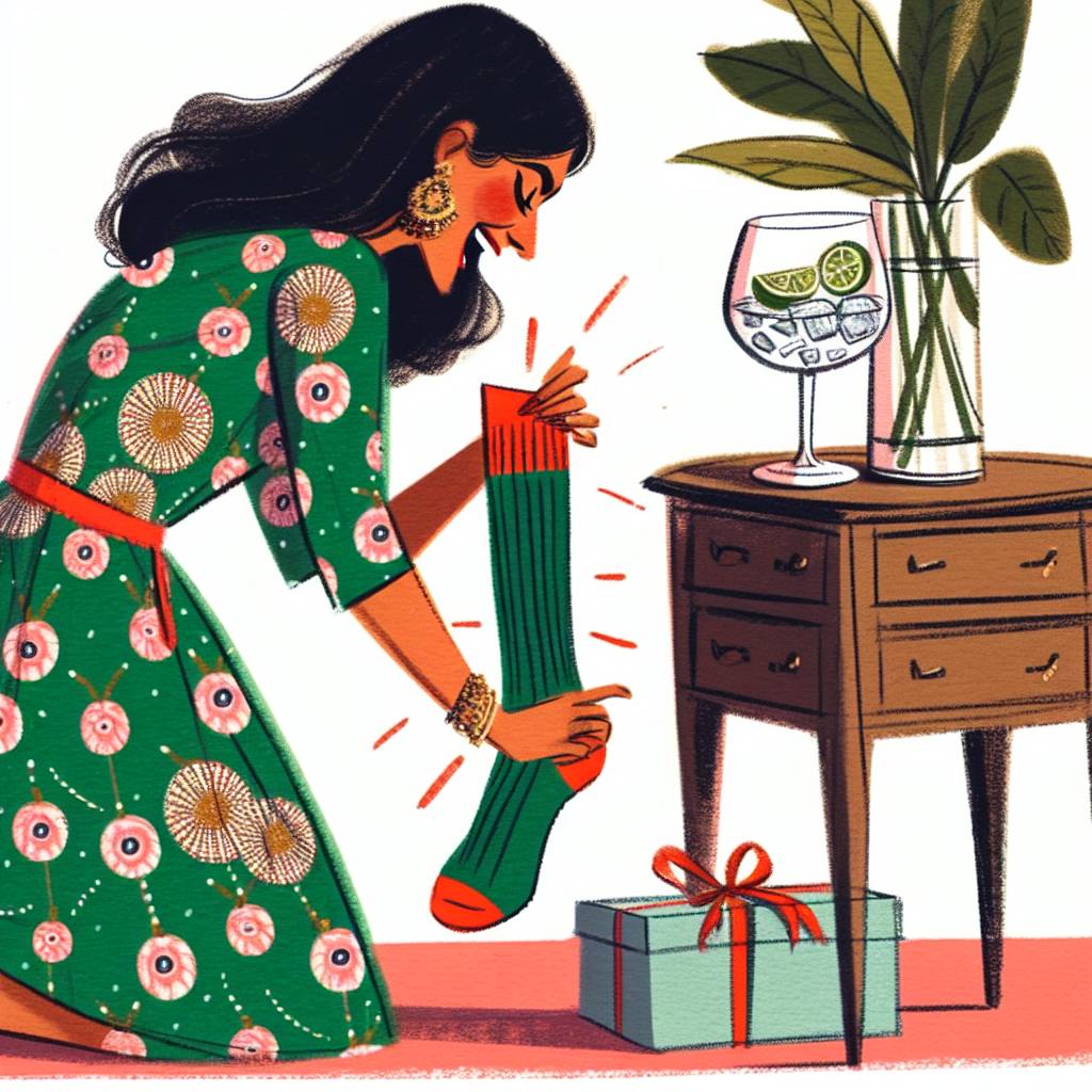 1) Birthday AI Generated Card - Long socks and Orla Kiely pattern green dress, Gin, and Indian woman