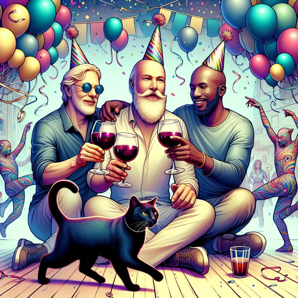 1) Birthday AI Generated Card - Wine, Men, Black cats, and Streeet Dance (4d98a)